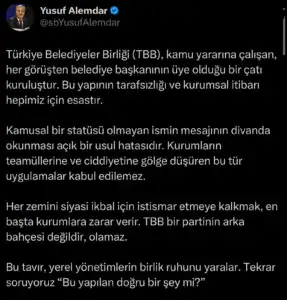 otomatik taslak 16b07c15 1 TBB Meclisi’nde Yaşanan Mektup Tartışması Sonrası Yusuf Alemdar’dan Kurumsallık Vurgusu